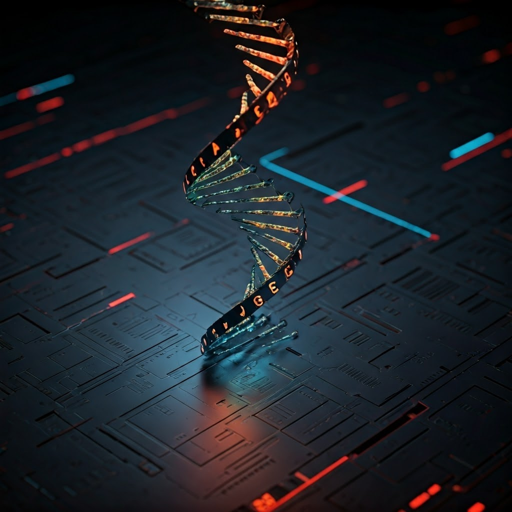 3D neon DNA helix showing letters that pop out to depict variation