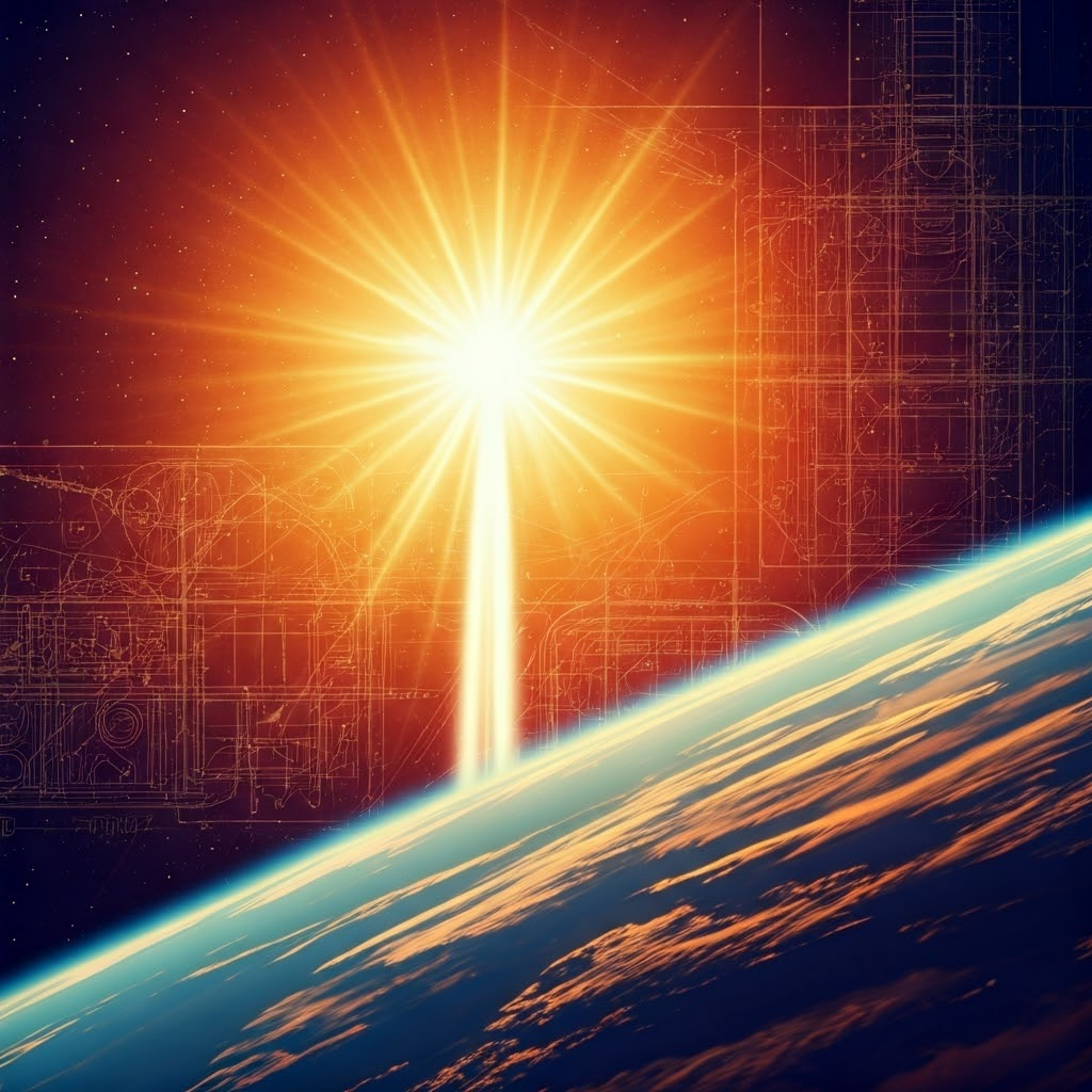 Collage of vintage blueprints blended with glowing space station sketches