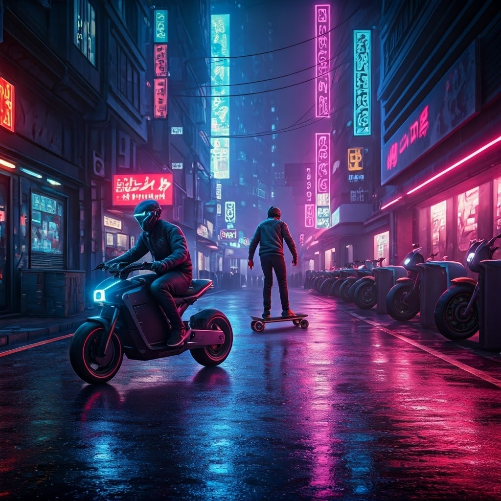 Nighttime city street with an e-moped rider passing neon signs and parked light electric motorcycles.