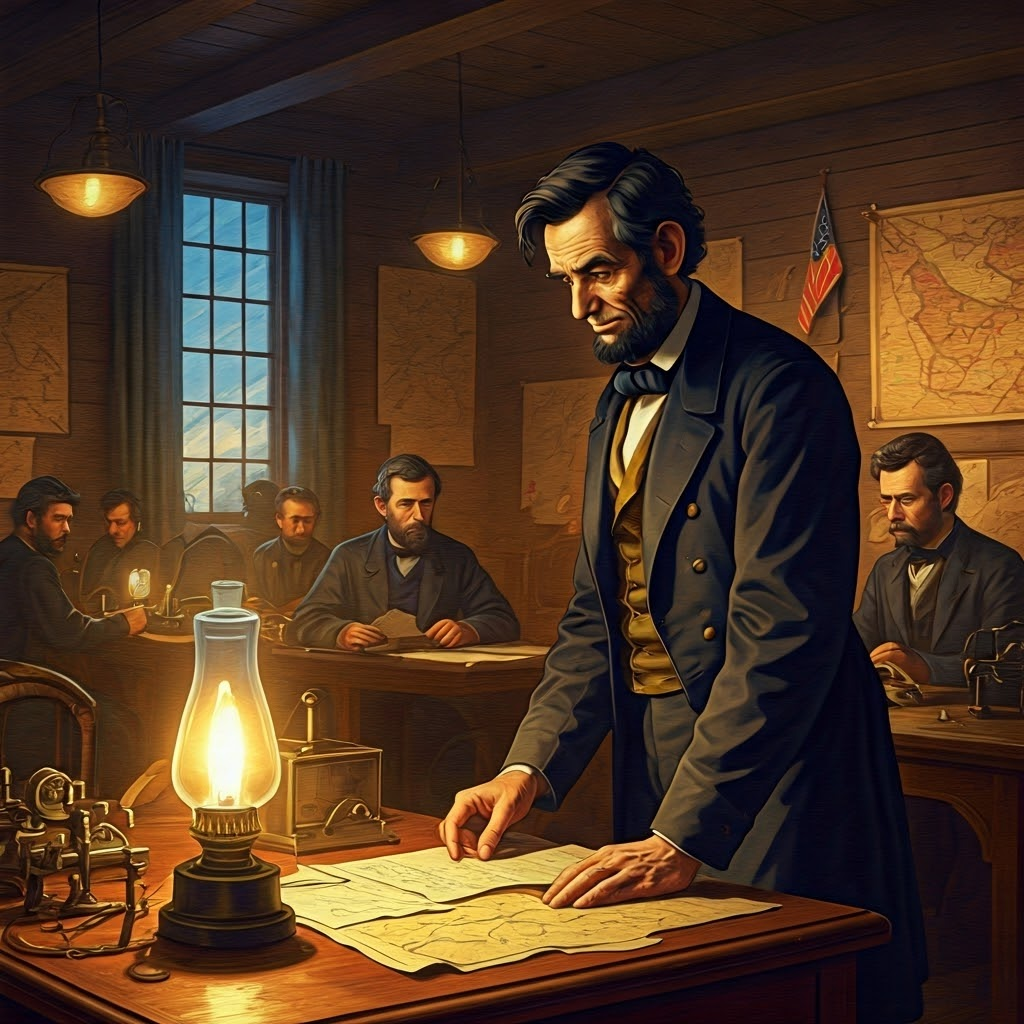 President Lincoln in a wartime telegraph room studying a fresh message beside tense generals