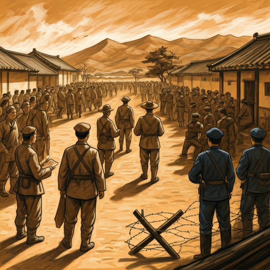 A tense, grainy scene showing Korean villagers gathered in a dusty village square as local militiamen in communist uniforms redistribute land documents and confront traditional aristocrats in elegant clothing. On the other side, South Korean police in crisp uniforms round up suspected leftists in front of barbed-wire barricades. Style: raw documentary-style charcoal sketch with muted earth tones.