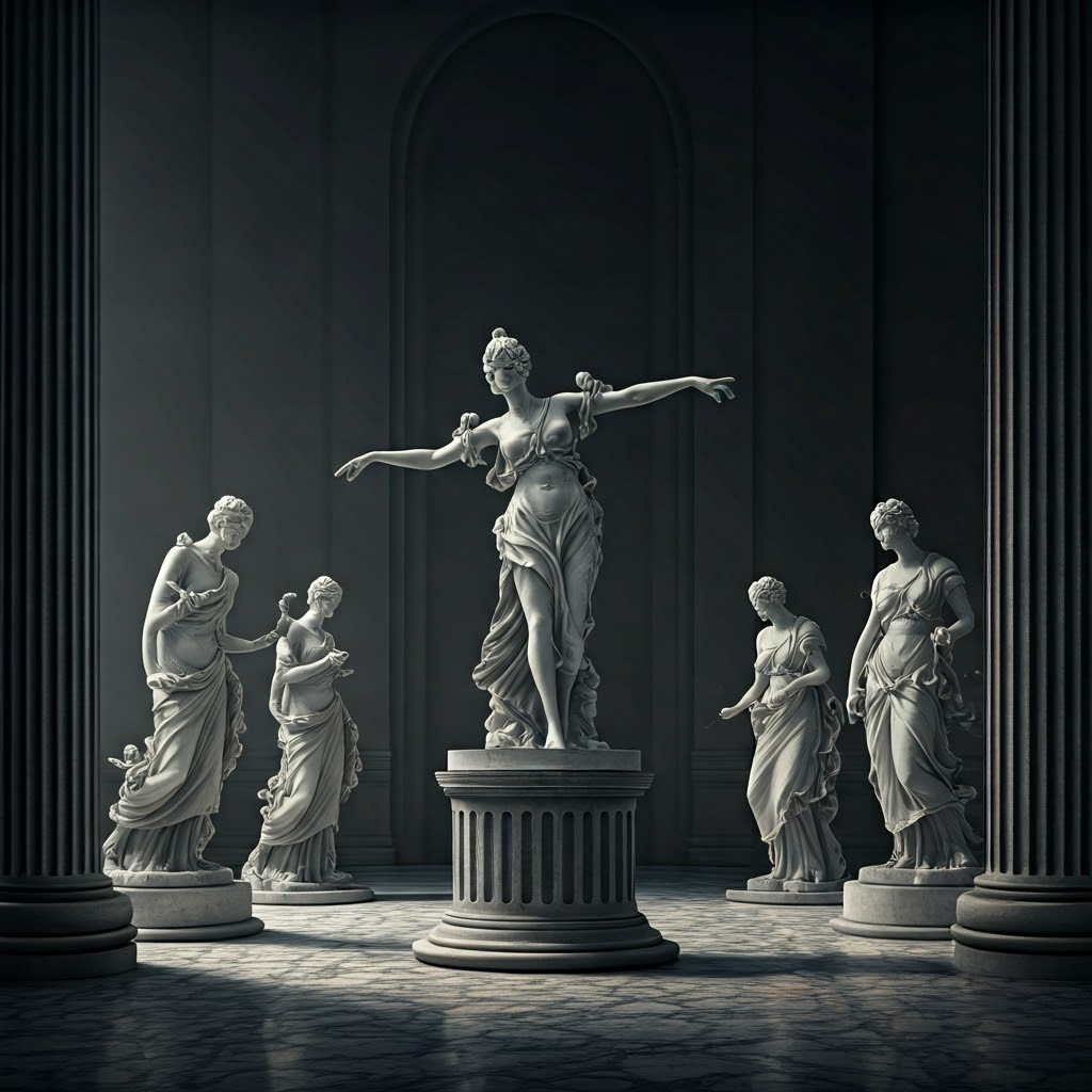 Digital sculpture of peptide neurotransmitters with an endorphin figure dancing