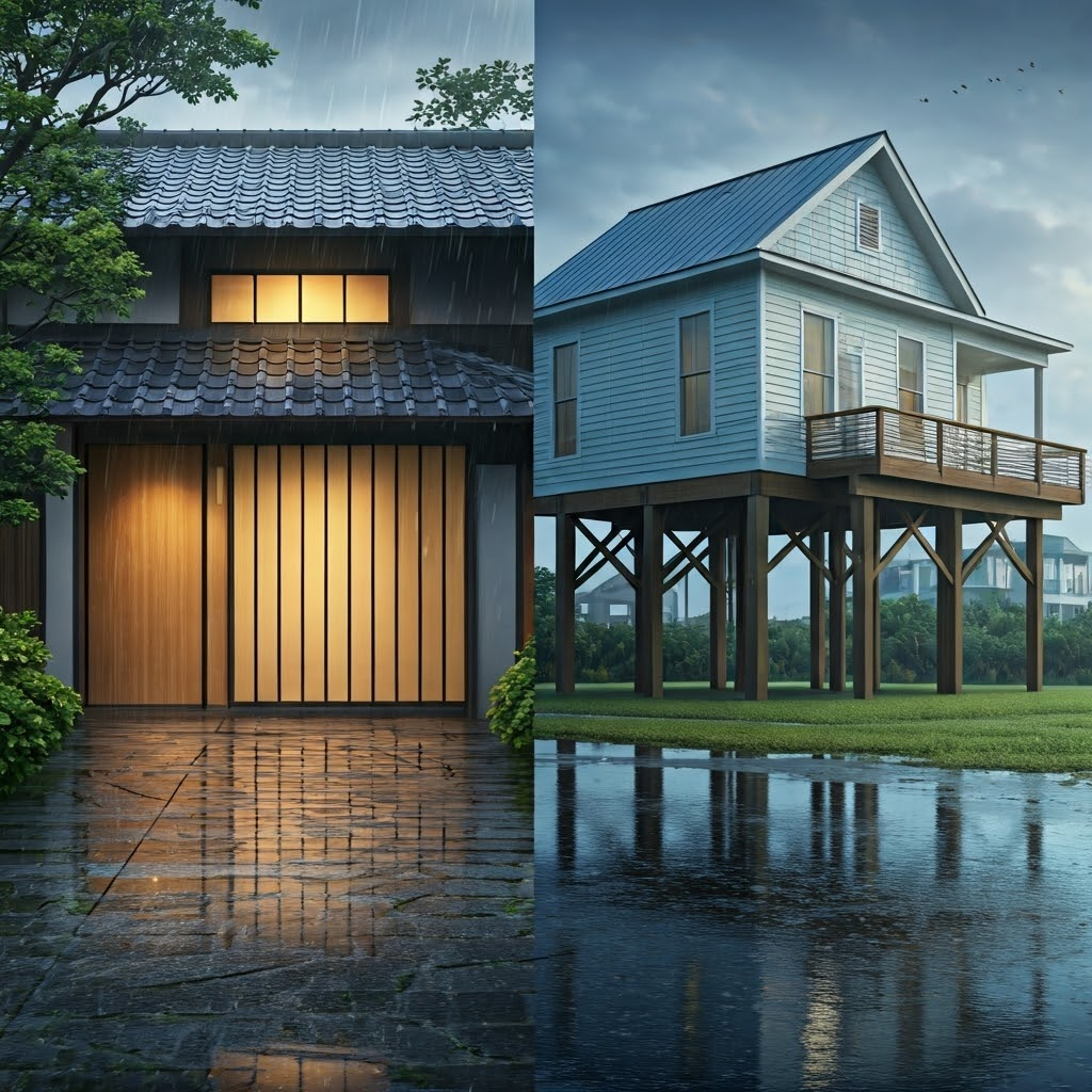 Flood-ready homes in Japan and the U.S. showcase sliding gates and raised stilts for water defense.
