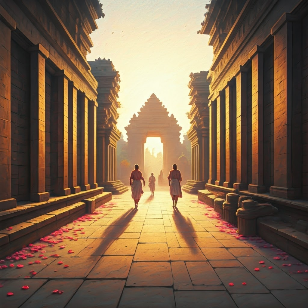 Early-morning temple courtyard with scattered petals and soft mist around slow-moving visitors