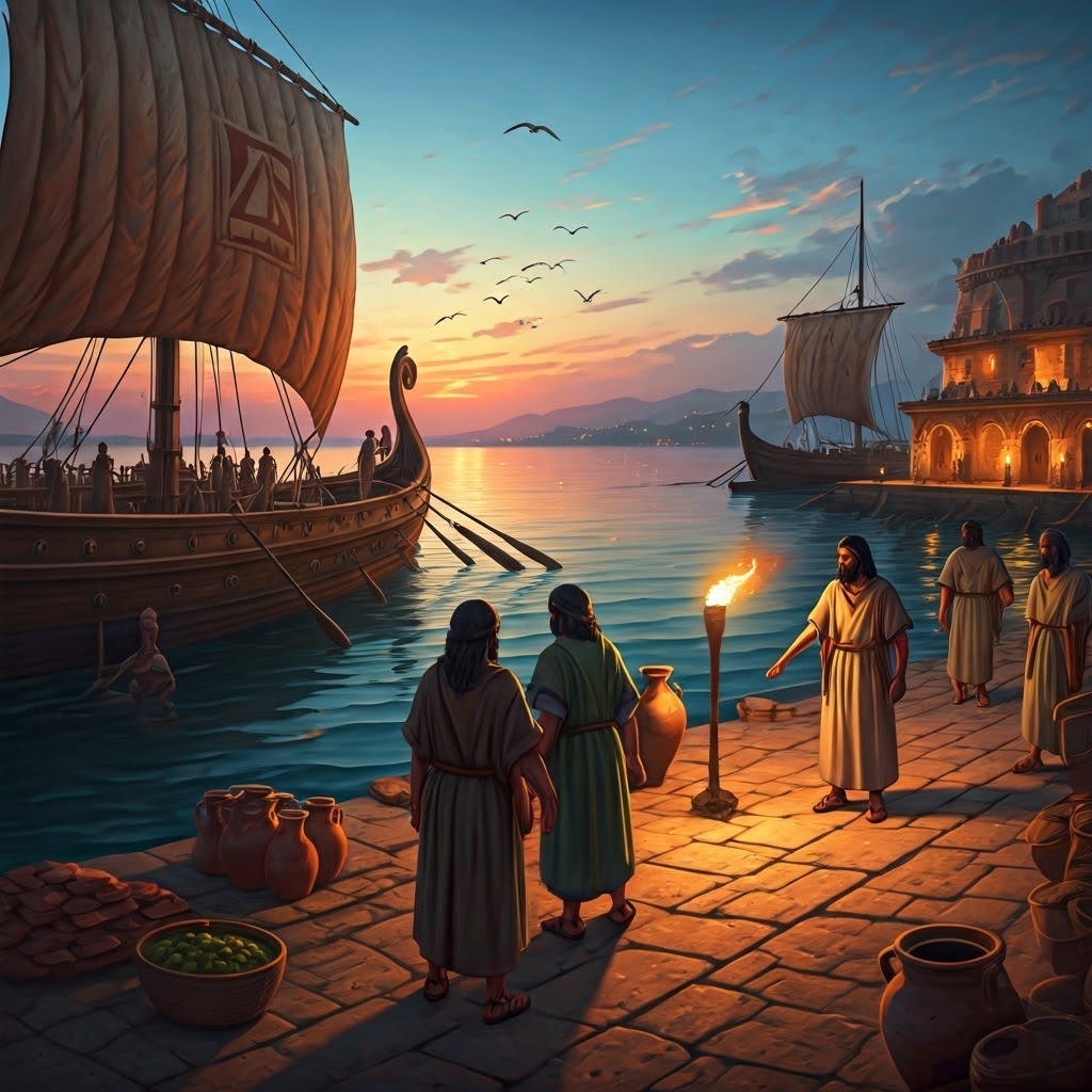 Recreation of a busy Late Bronze Age Mediterranean port where traders exchange goods at dusk.