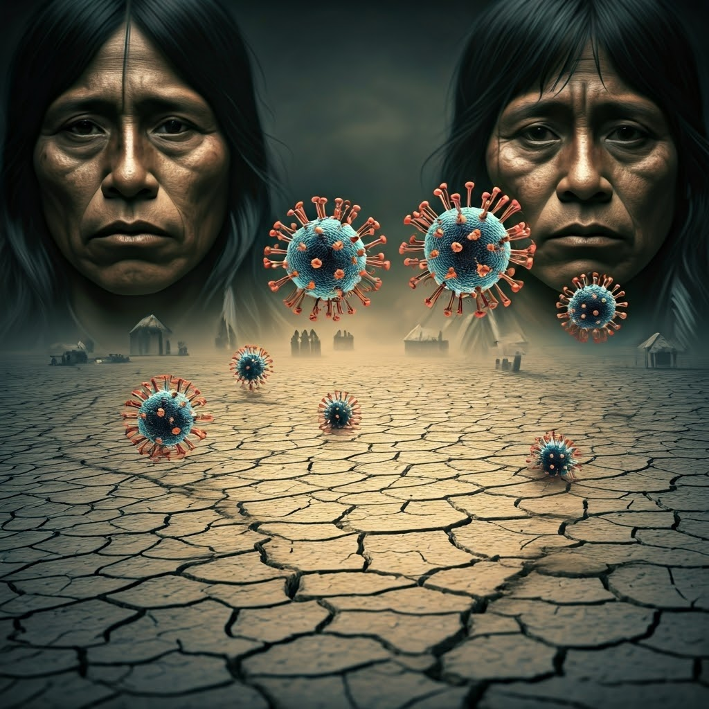 Macro image of virus models hovering above a faded map, symbolizing disease spreading through the Americas