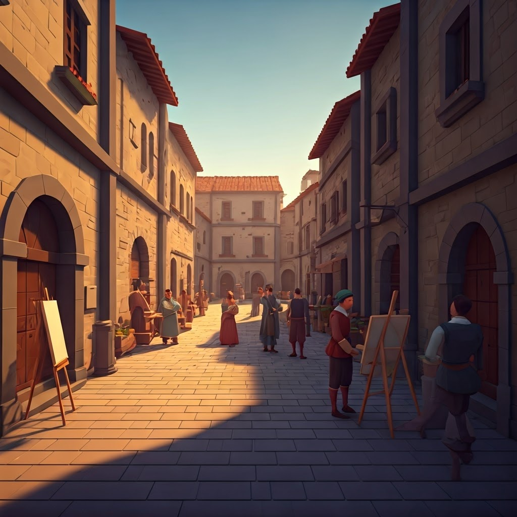 Early Renaissance Italian square rendered in clean low-poly style, artists set up easels while townspeople chat amid buildings converging at a clear vanishing point