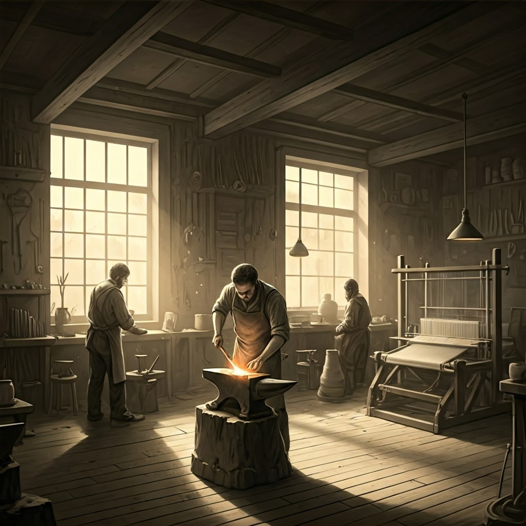 Multiple artisans—blacksmith, weaver, potter—working calmly in shared space