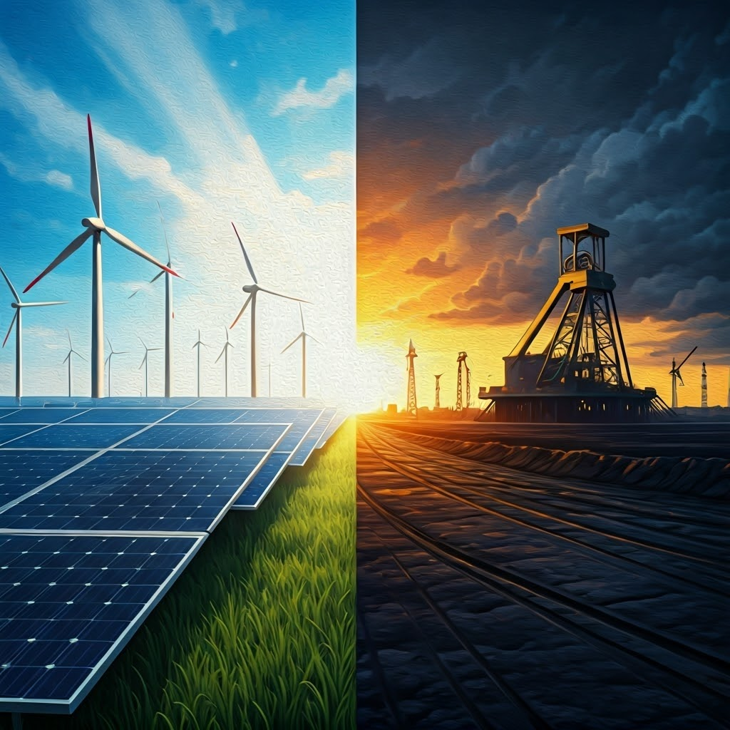 Split image with sunny renewables on one side and fossil fuels under dark clouds on the other
