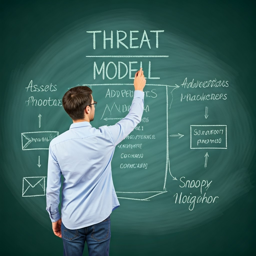 Pastel chalkboard listing assets and adversaries, showing basic threat-model diagrams.