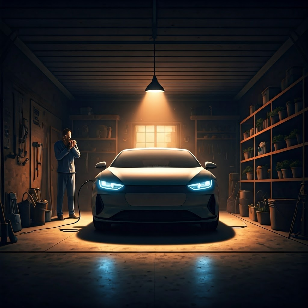Electric car plugged into a household outlet inside a cozy dusk-lit garage, showing convenient overnight charging