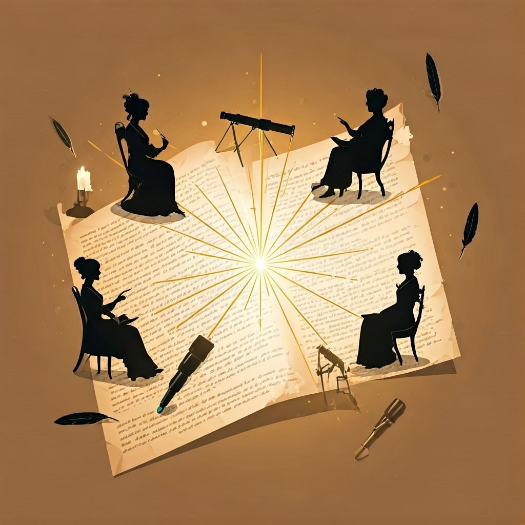 Glowing central spark linking silhouettes of women thinkers, symbolizing the network effect of their salons and letters.