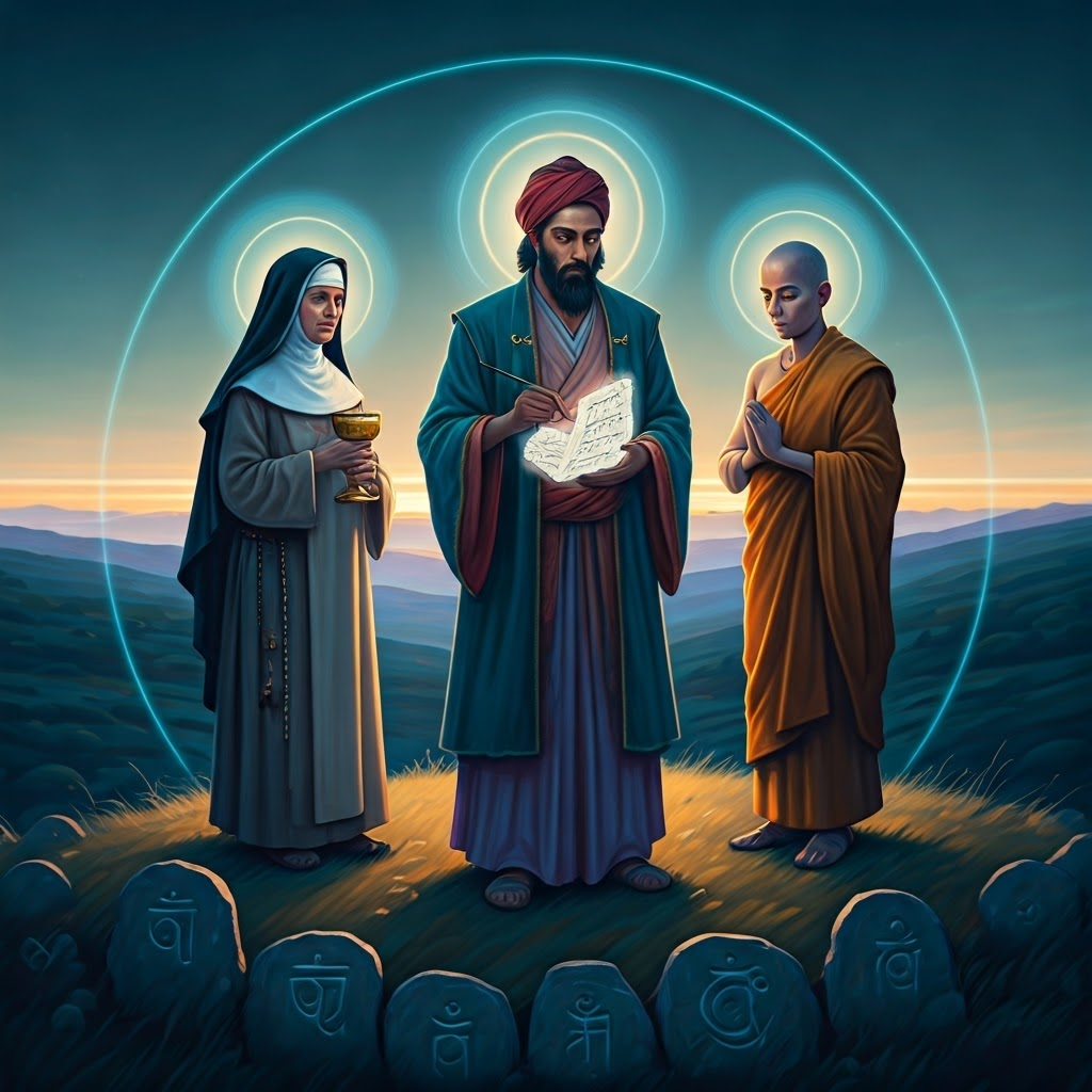 Three spiritual seekers—a nun, a Persian poet, and a Zen monk—stand together on a hilltop at dusk, each surrounded by a gentle glow that hints at shared insight.