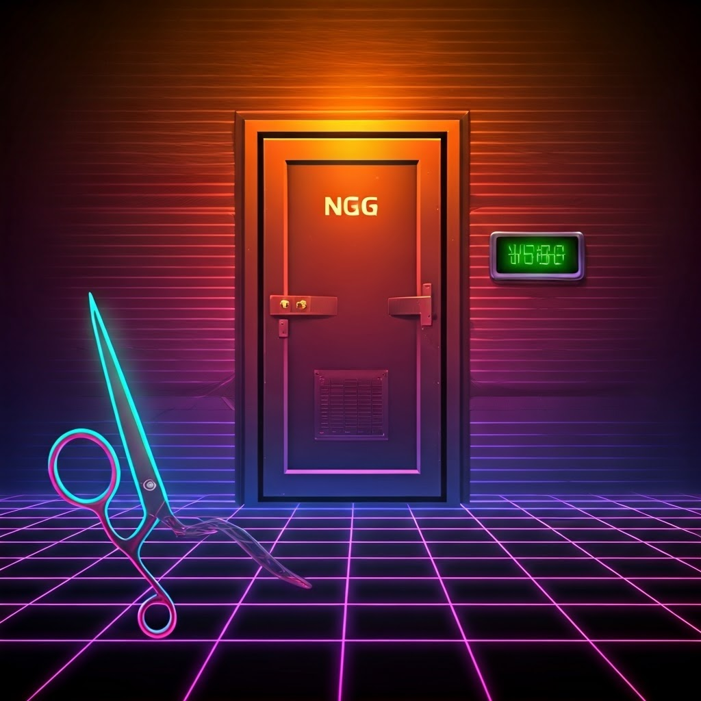 Retro-futuristic poster of neon scissors connected by a glowing cable to a door marked NGG, showing the PAM safeguard