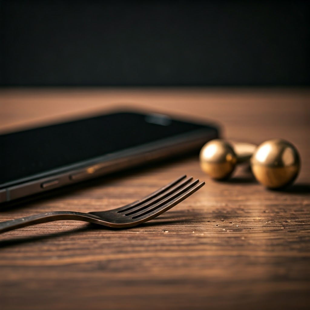 Modern fork, smartphone, and brass doorknob on a wooden desk, reflecting warm bronze tones under soft light.