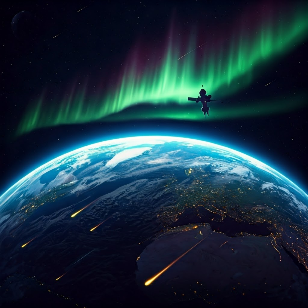 Upper atmosphere cross-section showing mesosphere with burning meteors, thermosphere with auroras and a space station, and exosphere fading into space; lays out higher layers.