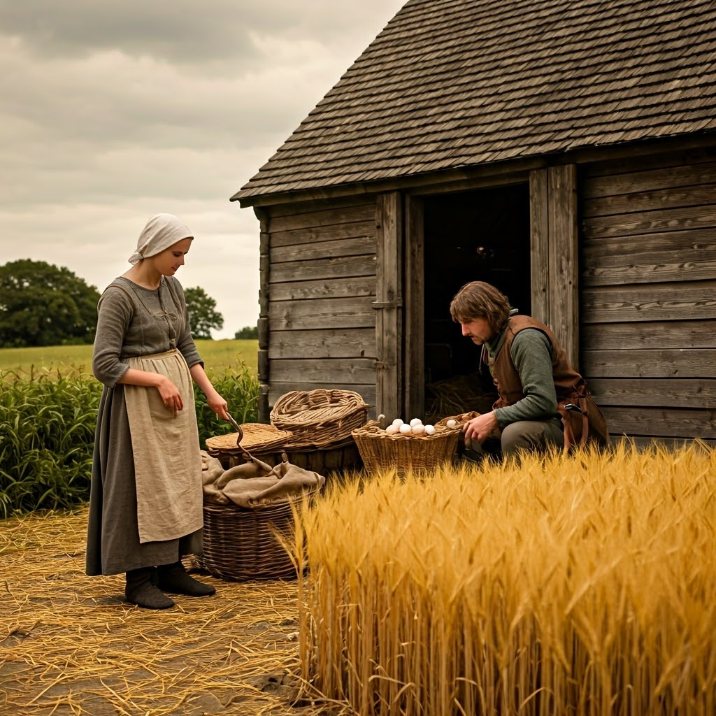 A lord counts produce beside a barn while a peasant harvests barley, capturing the barter economy of medieval estates.