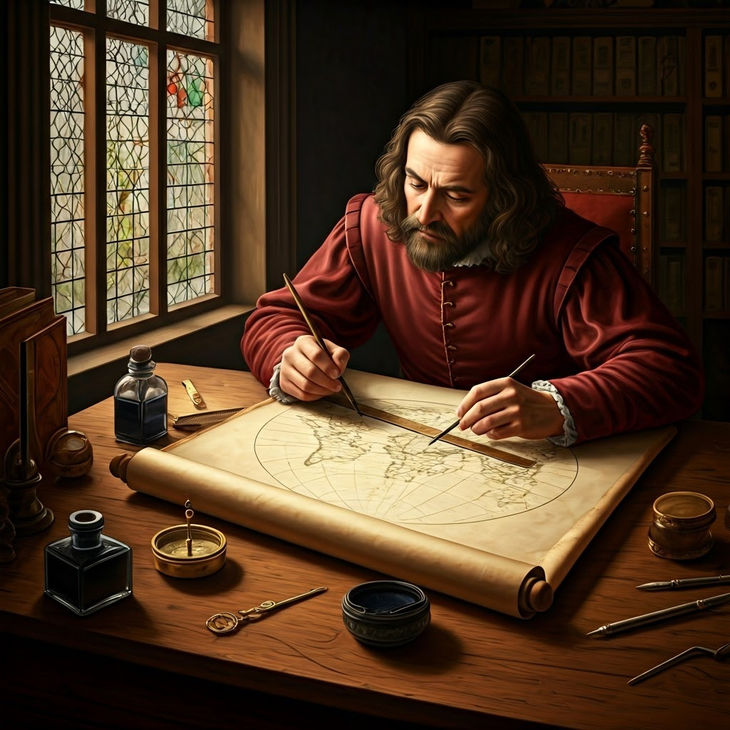 Scholar in a wood-paneled study drawing a distorted world map while marking rhumb lines across a flat globe