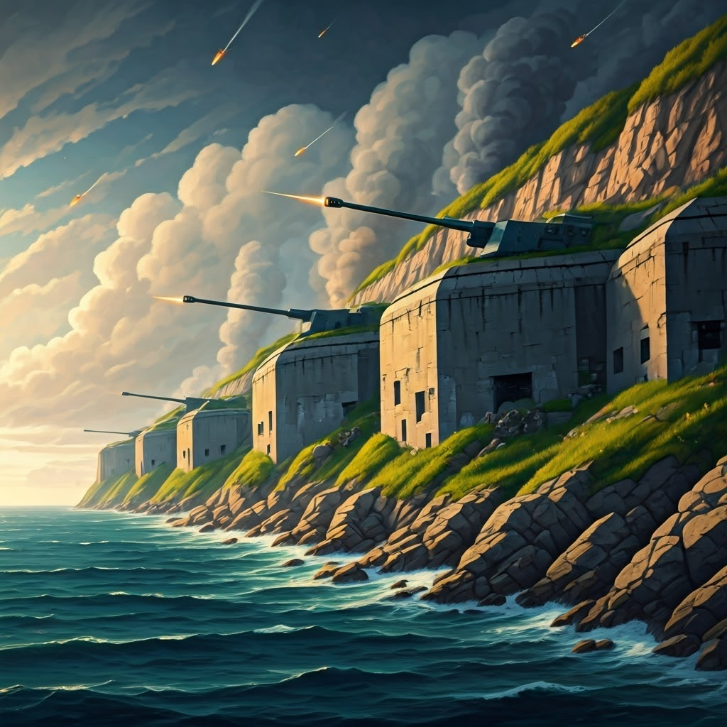 Coastal fortress carved into cliffs under intense bombardment and return fire