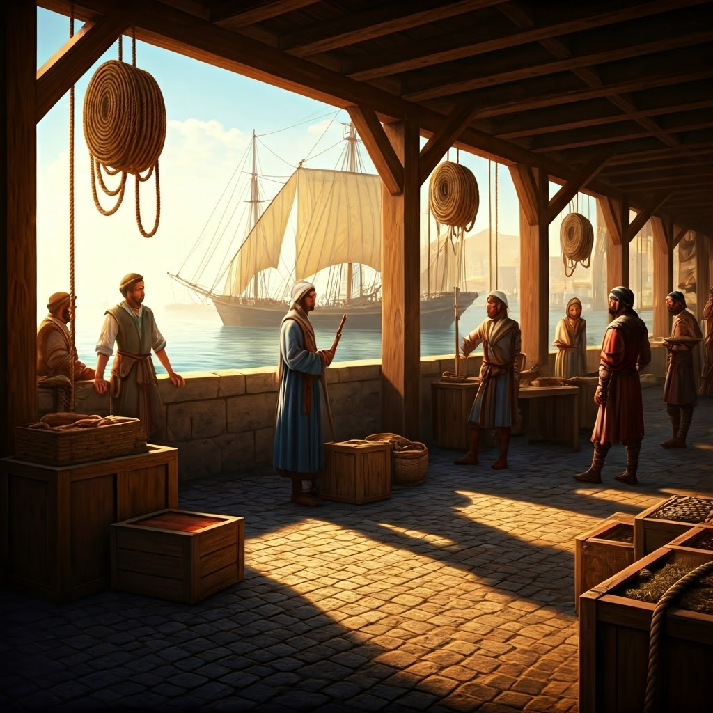 Crowded Tagus River chandler’s yard showing spices, ropes, and sailors from three continents trading under warm morning light