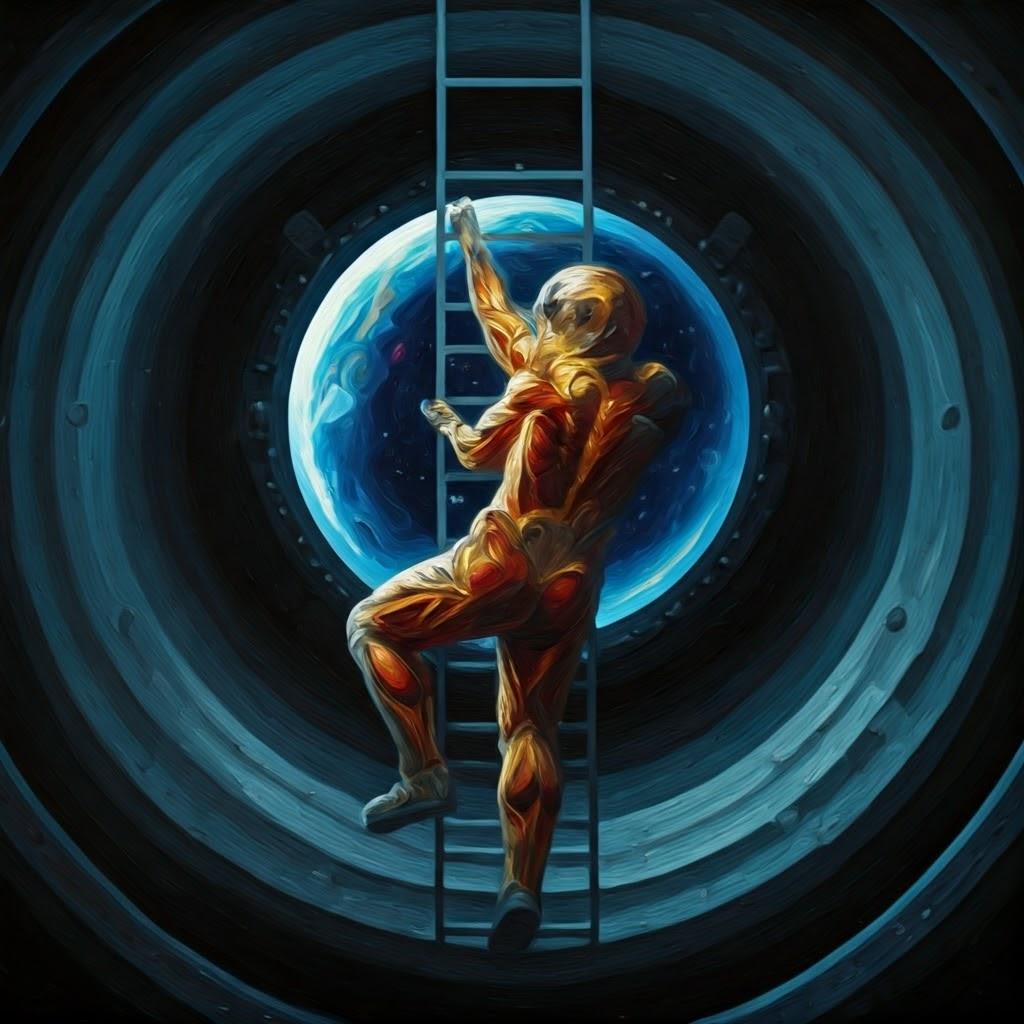 An astronaut strains to climb a ladder inside a steel station; glowing brushstrokes reveal weak muscles