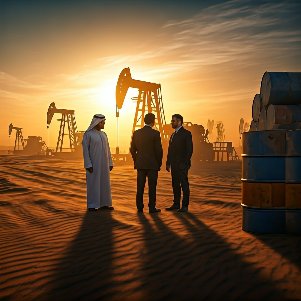 Desert oil field at dawn, sheikhs meet foreign executives beside towering rigs—wealth beneath shifting sands