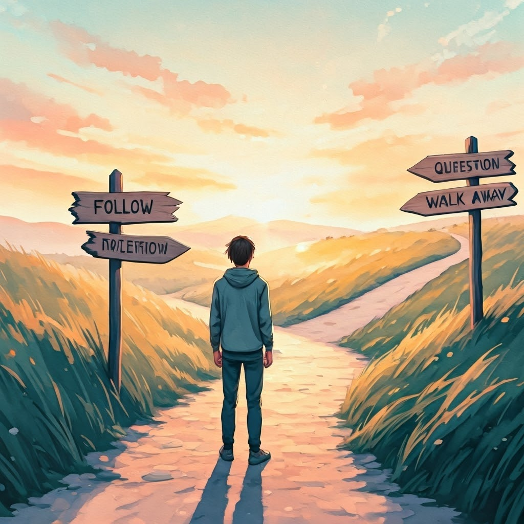 Person at dawn crossroads with signs “Follow,” “Question,” and “Walk Away,” representing personal choice in belief.