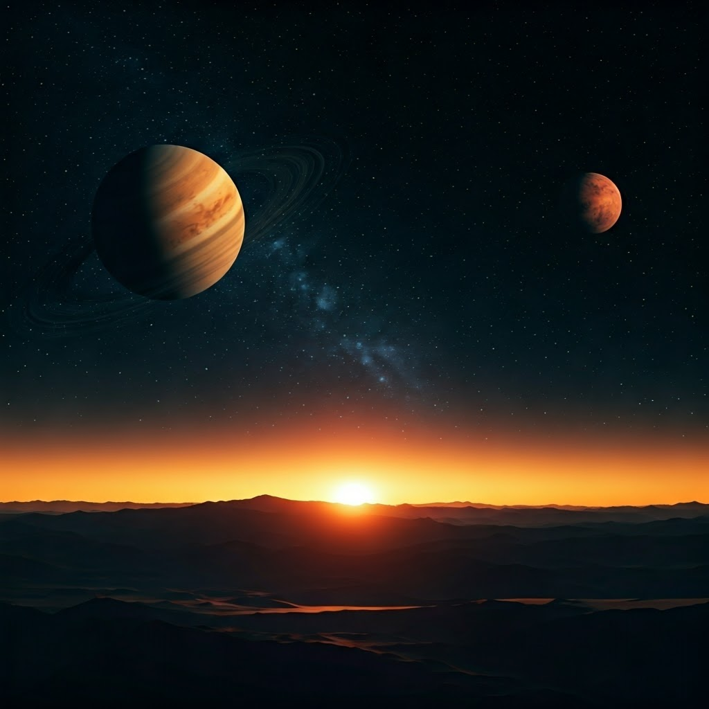 Venus glows near sunset while Saturn and Mars hover above, all rendered in a stylized sky to highlight their steady light.