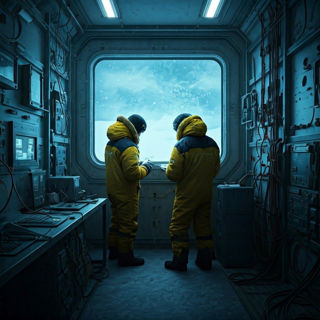 Researchers inside an Antarctic station peer through a frosted window at the endless white, their heavy suits lit by cool blue twilight.