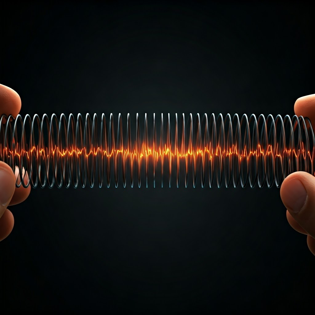 Metallic slinky stretched between two hands with glowing pulses traveling along its coils, highlighting compression and rarefaction.