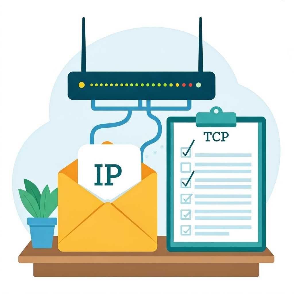 An envelope labeled IP rests beside a checklist named TCP on a tidy desk, stressing layered communication rules.