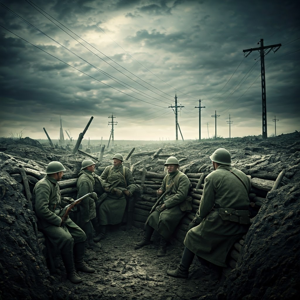 Exhausted Russian soldiers in muddy World War I trenches highlight the human cost of Nicholas II's failed military leadership.