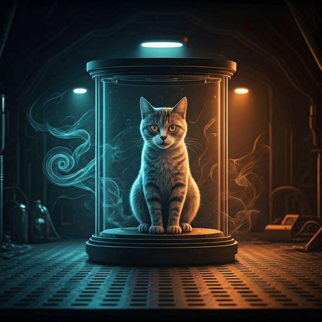Schrödinger’s cat appears half-ghostly, half-solid inside a translucent box, dramatizing quantum superposition.