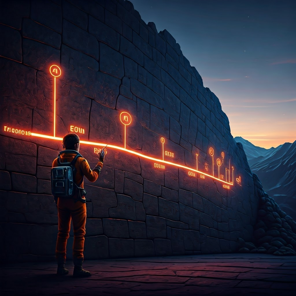 Stone wall etched with glowing, color-coded timeline that marks eons, eras, and epochs, touched by a curious young geologist.