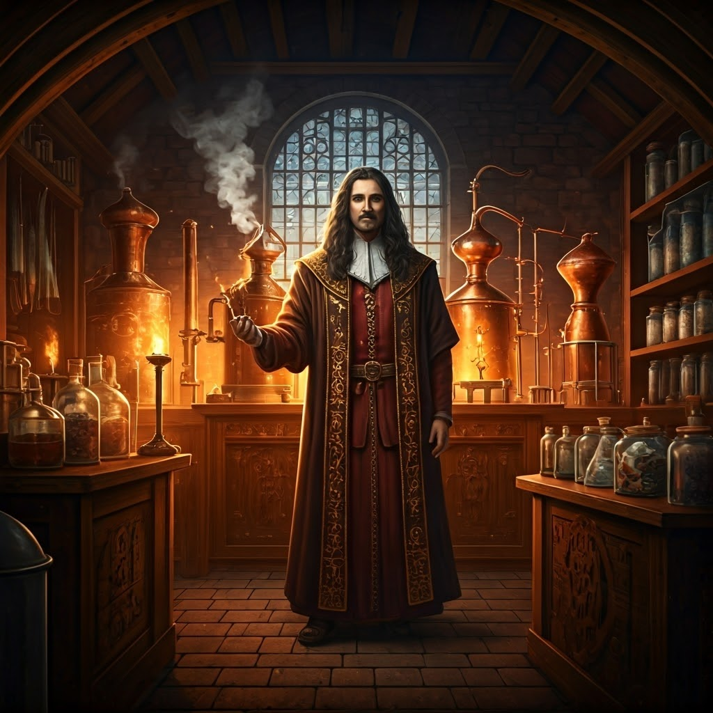 16th-century alchemy lab where Paracelsus holds a colorful flask amid mineral jars and rising vapors