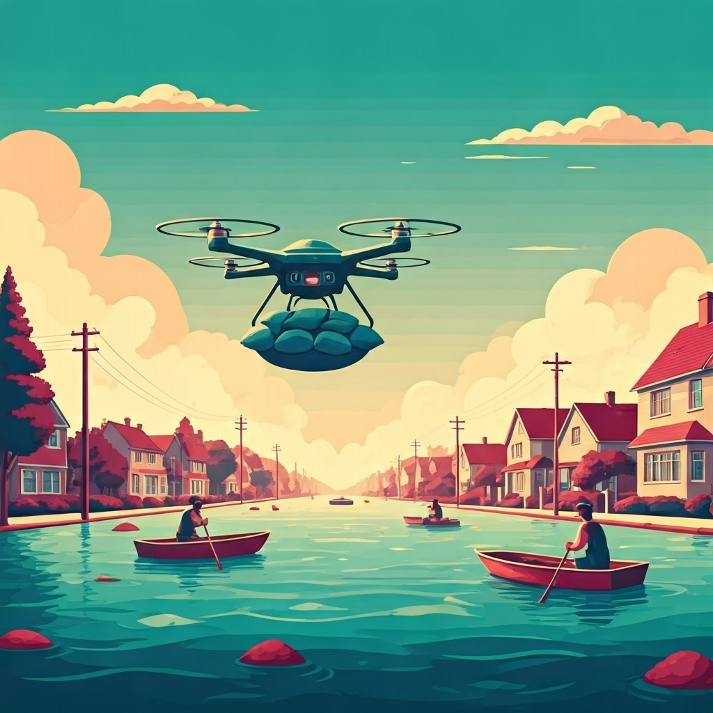 Retro-futuristic flooded street with a drone dropping sandbags, illustrating how extreme rain and drought collide