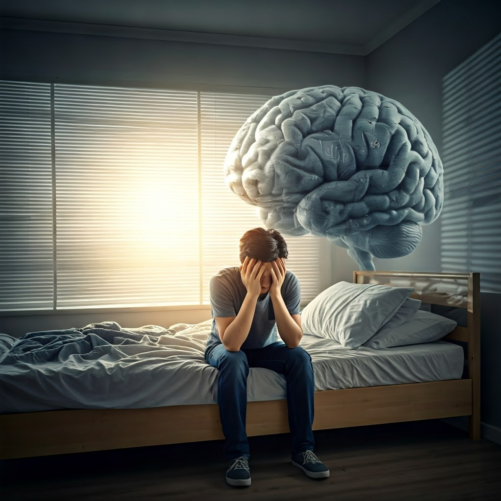 Person sits groggy in messy room while an overstuffed brain-shaped trash bin looms, depicting effects of poor sleep