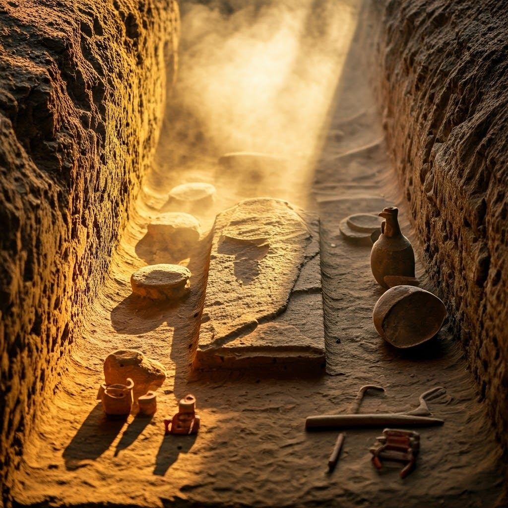An excavation trench with weaving tools, perfume jars, and toys beside a coffin hints at domestic routines preserved in burial.