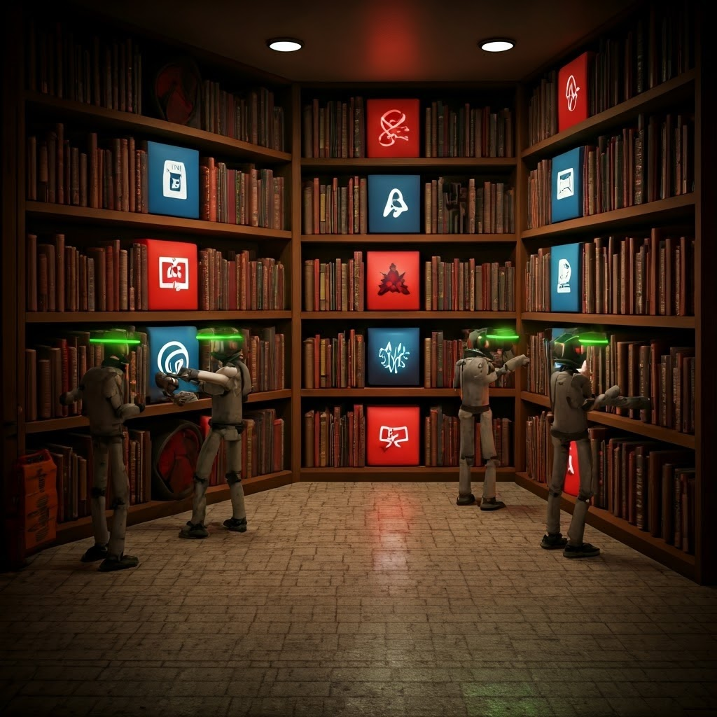 A vibrant market of oversized app icons is inspected by robotic librarians scanning for threats, with some icons glowing red.