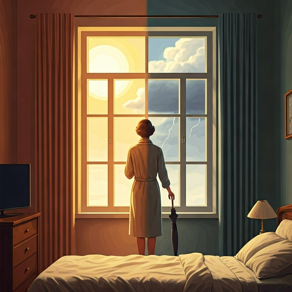 Person at a bedroom window weighing an umbrella and sunglasses as a split sky shows sun on one side and storm clouds on the other