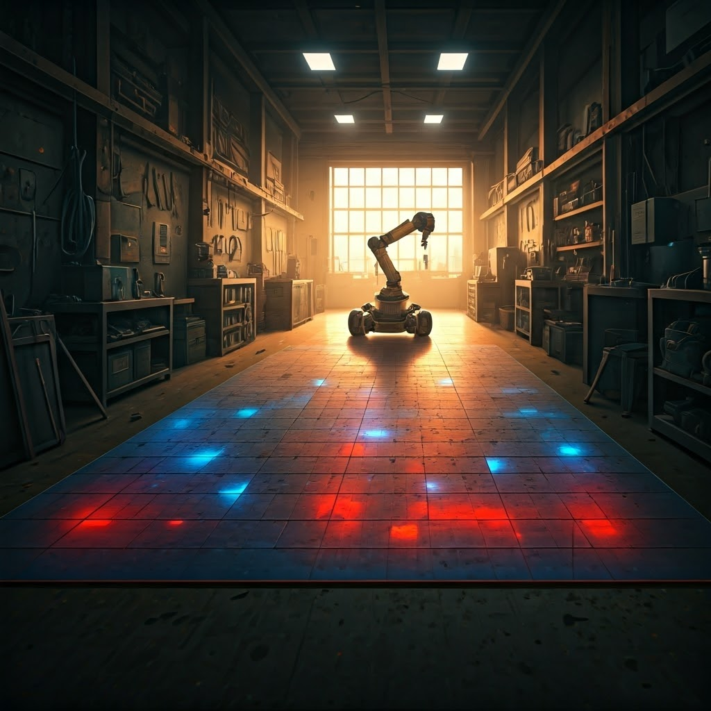 Translucent cell grid overlays a cluttered workshop floor, color-coded from blue to red to show changing odds that each cell is occupied