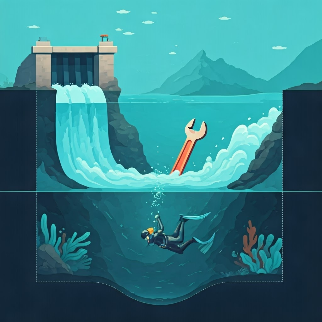 Infographic of dam, plumber wrench, scuba diver showing pressure changes with depth.