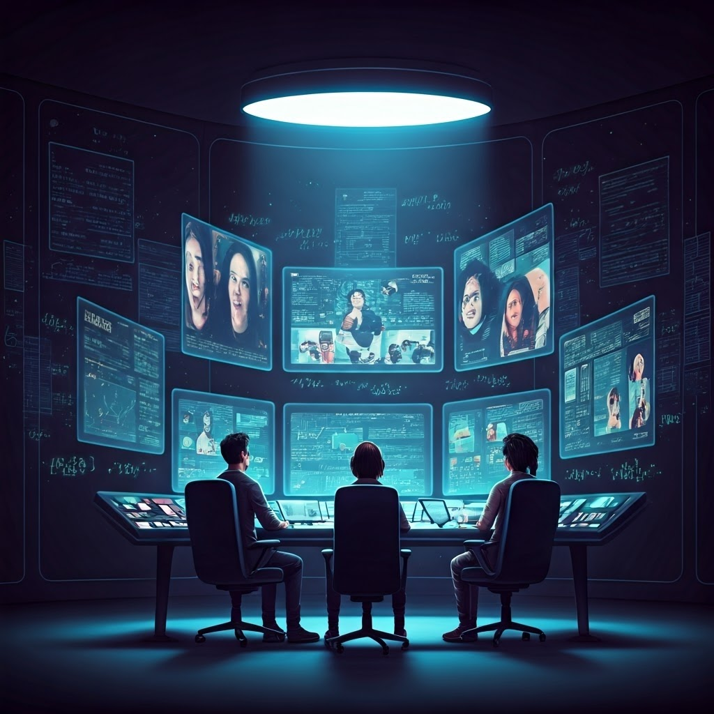 A neon-lit control room with a diverse group of content curators watching multiple floating screens displaying memes, selfies, and trending posts. Streams of colorful data lines and floating algorithmic formulas ripple in the air as the group exchanges excited glances. Style: glitch art meets cyberpunk illustration with sharp contrasts, pulsating neon highlights, and intricate digital textures that capture the secretive power of algorithms shaping online trends.