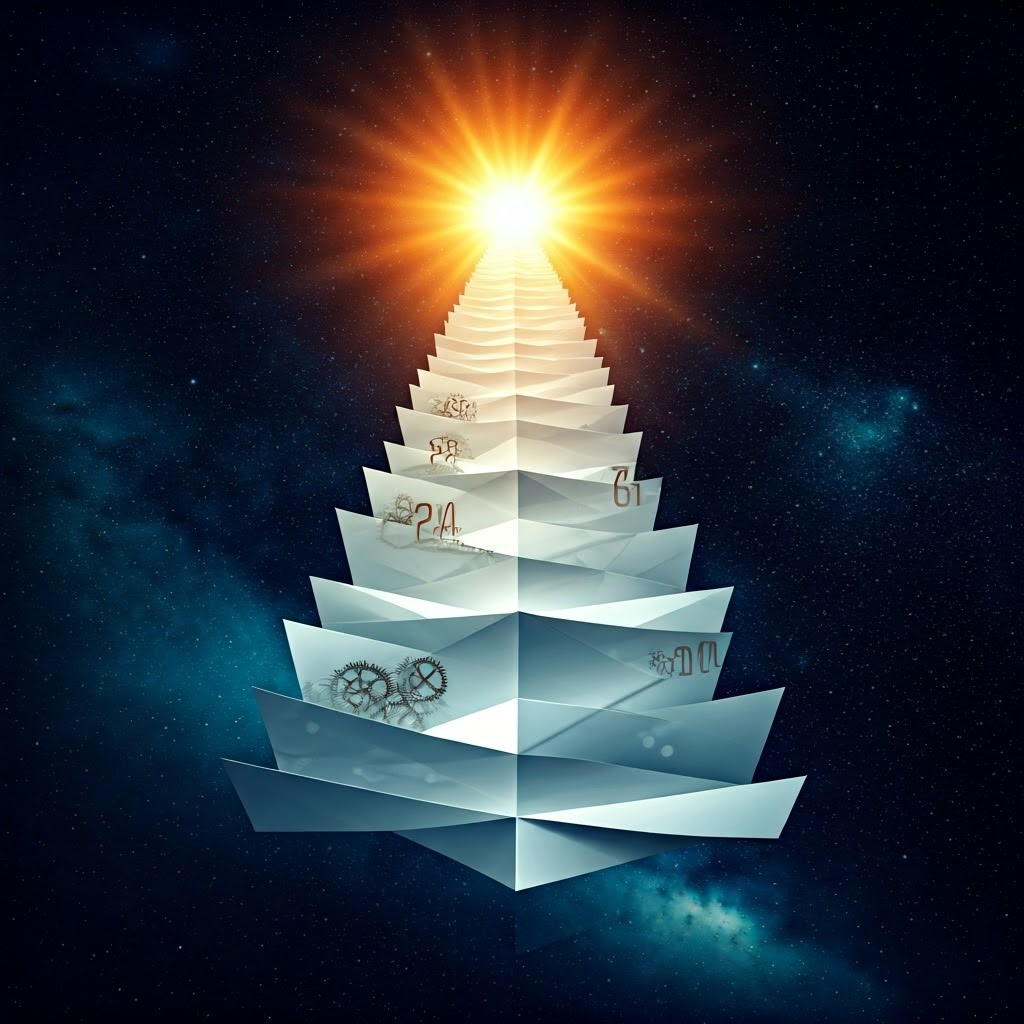 A sheet of white paper folds higher and higher toward a glowing sun, gears and numbers hovering between layers to symbolize exponential growth.