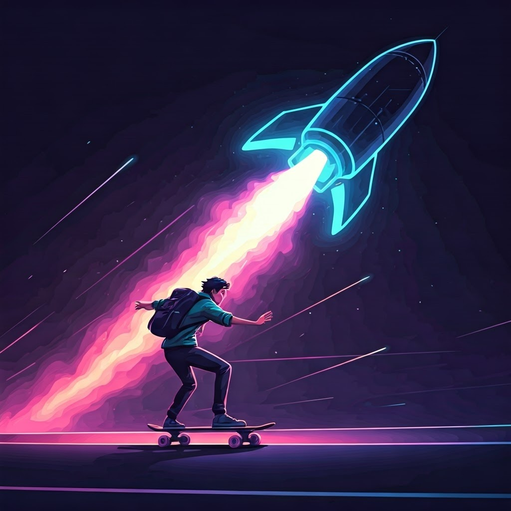 A young skater hurls a backpack behind them while an overlay shows a rocket nozzle expelling bright plasma in a starry void