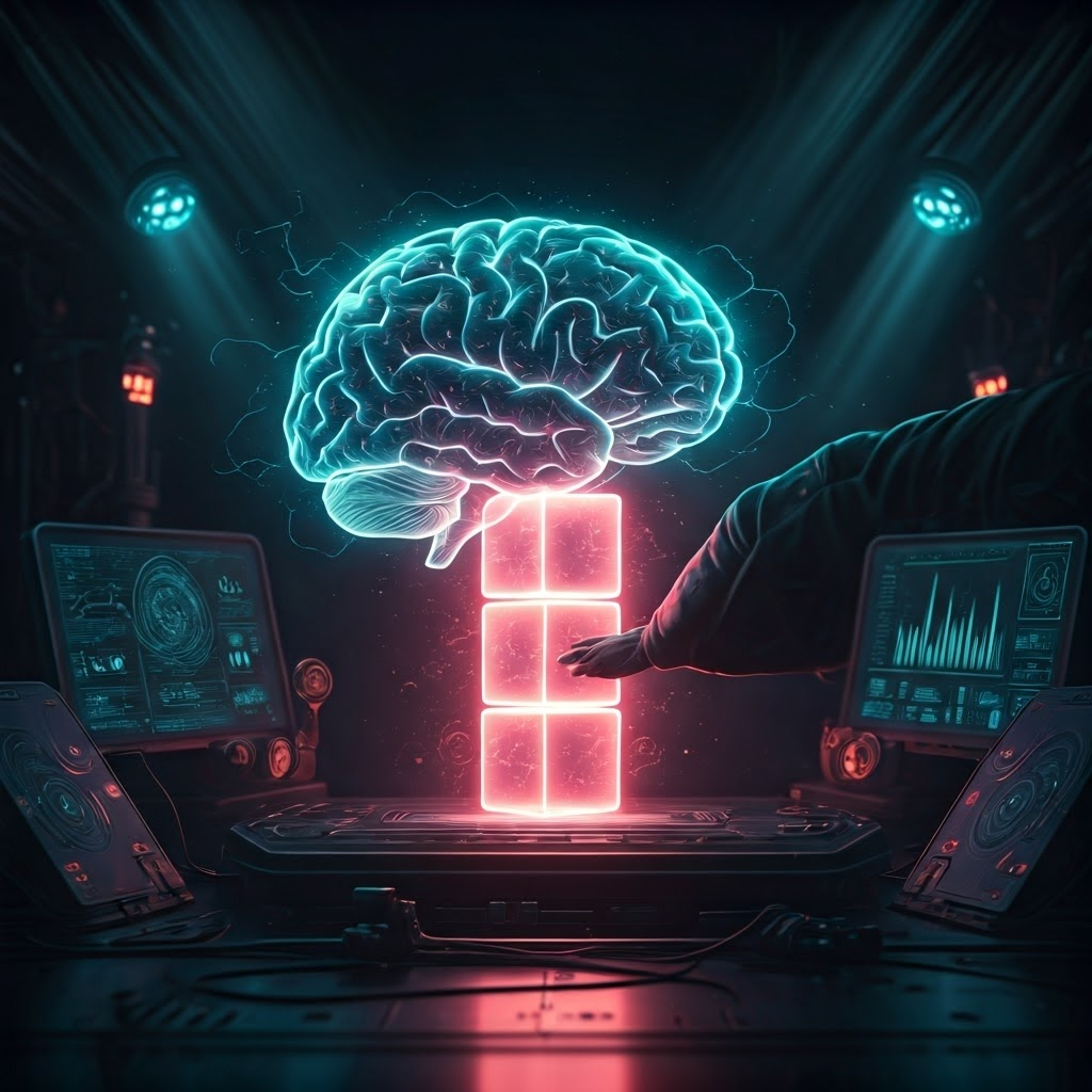 Person wearing VR gloves stacks glowing cubes inside a holographic brain, symbolizing layered learning in a cyberpunk lab.