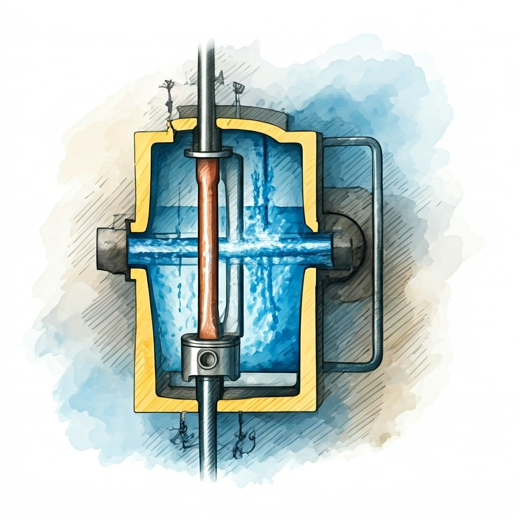 Cutaway of a piston cylinder showing steam and cold water cycle, explaining the vacuum principle
