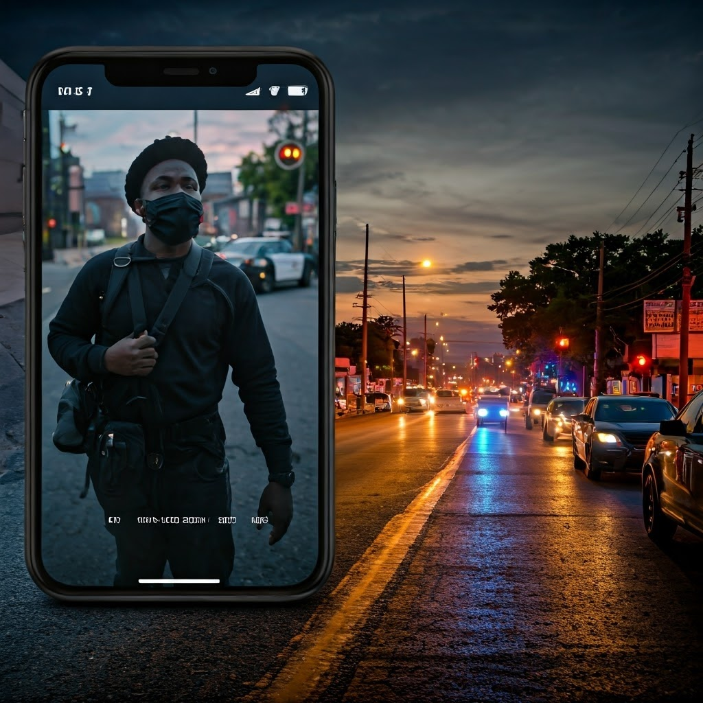 A vivid street protest scene in Missouri dated 2014, capturing a Black activist streaming live from a smartphone, police vehicles in the background, tense atmosphere. Next to it, an overlay of Nigerian youth exchanging alerts on WhatsApp, colorful streets of Lagos at dusk. The two scenes merge seamlessly, symbolizing global phone-based activism. Style: split-screen cinematic photo-realism with gritty documentary texture and vibrant color grading.