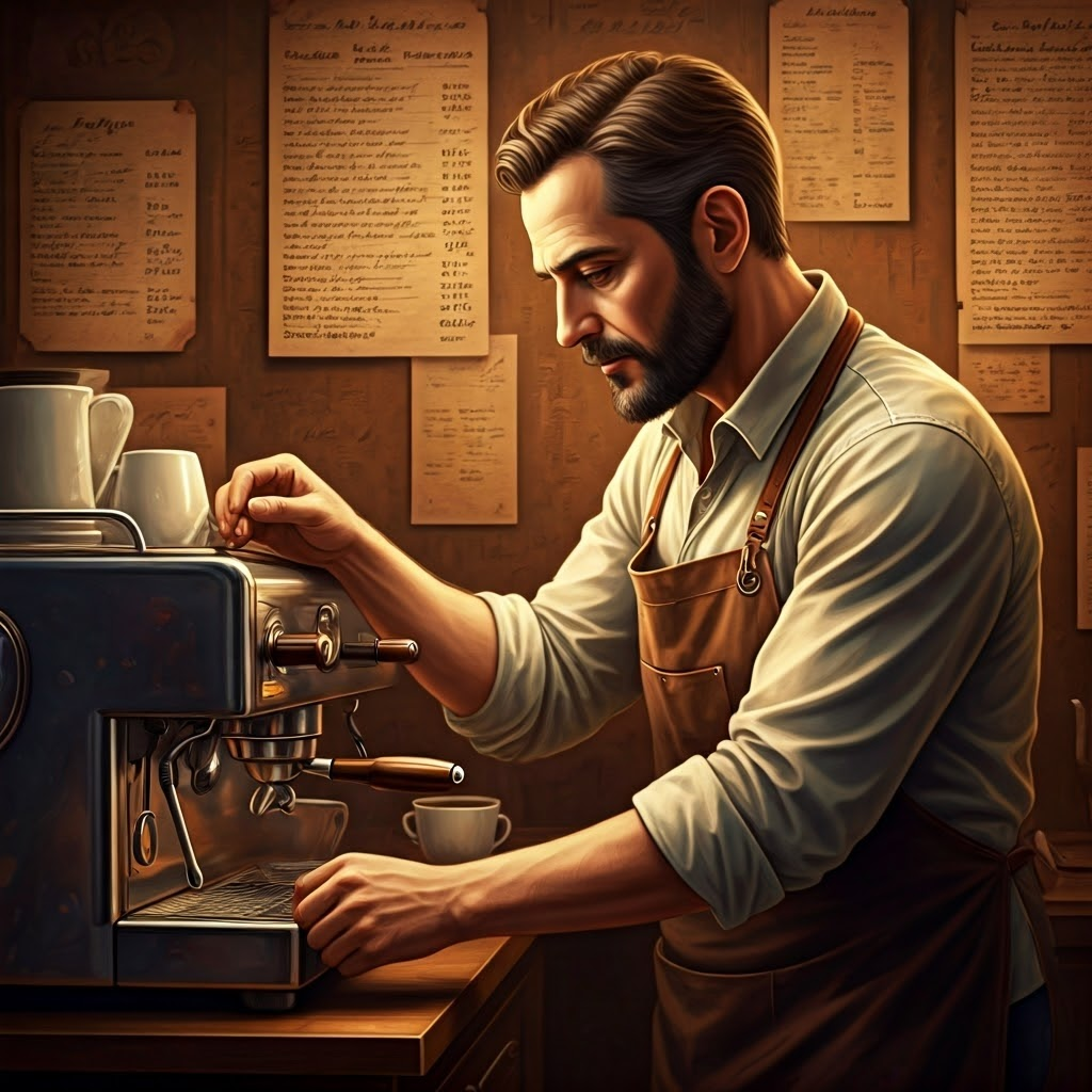 Oil-painting portrait of a seasoned barista adjusting an antique coffee machine, symbolizing reliability