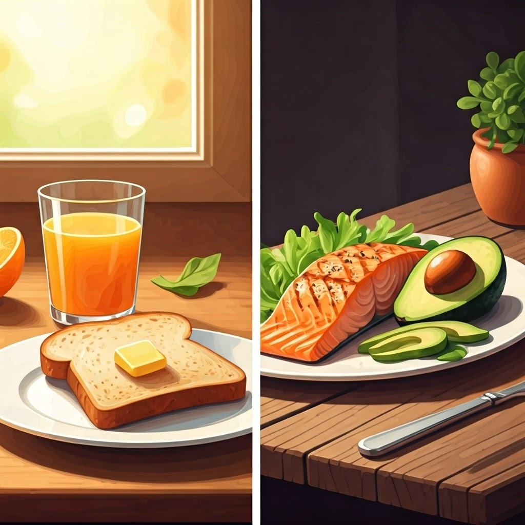 Split image: left side shows orange juice and toast for water-soluble vitamins; right side displays salmon, avocado, and greens for fat-soluble vitamins